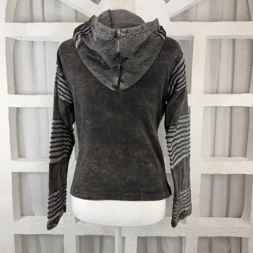 Fuzy Camel Womens M Black Grey Textured Striped Zip Up Hoodie Cotton Nepal Boho - Picture 6 of 12